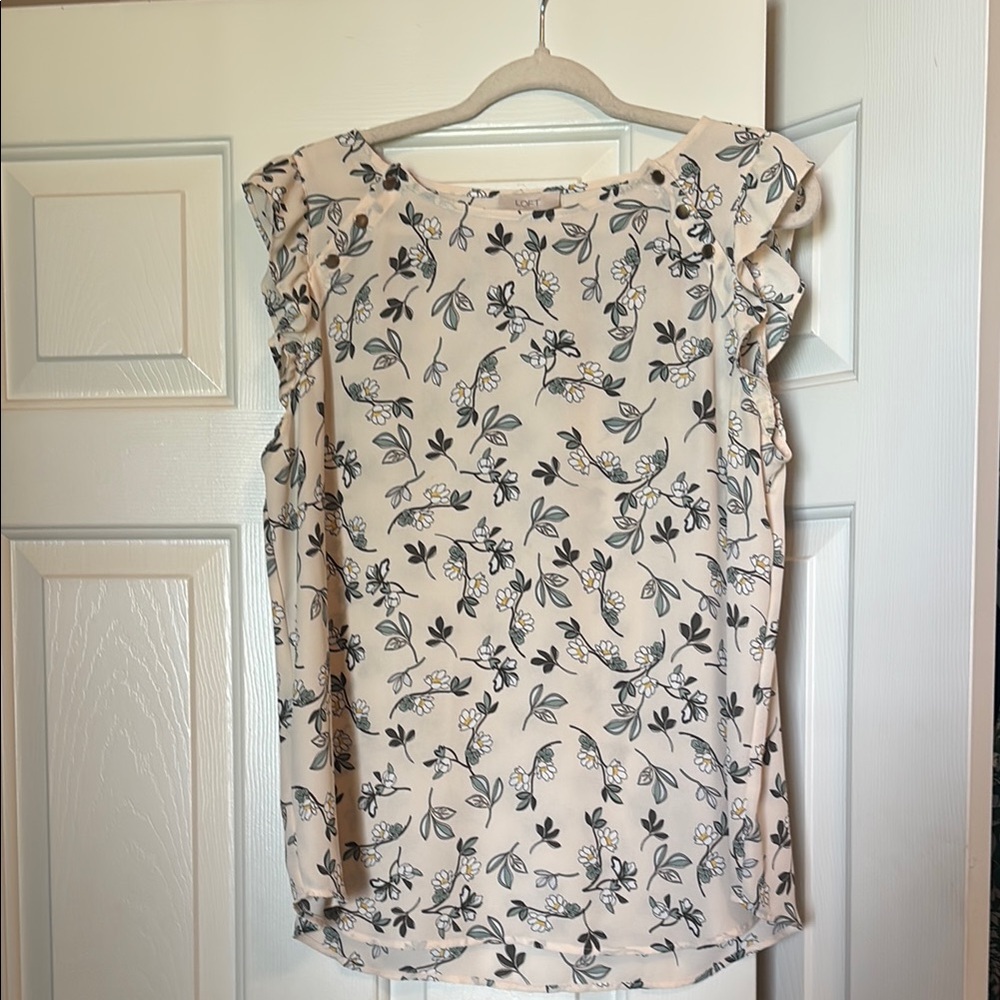 LOFT Cream Cap Sleeve Ruffled Blouse